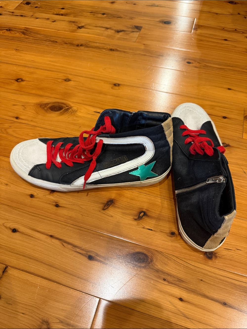 Golden Goose Black High-Top Sneakers with Red Laces and Teal Star